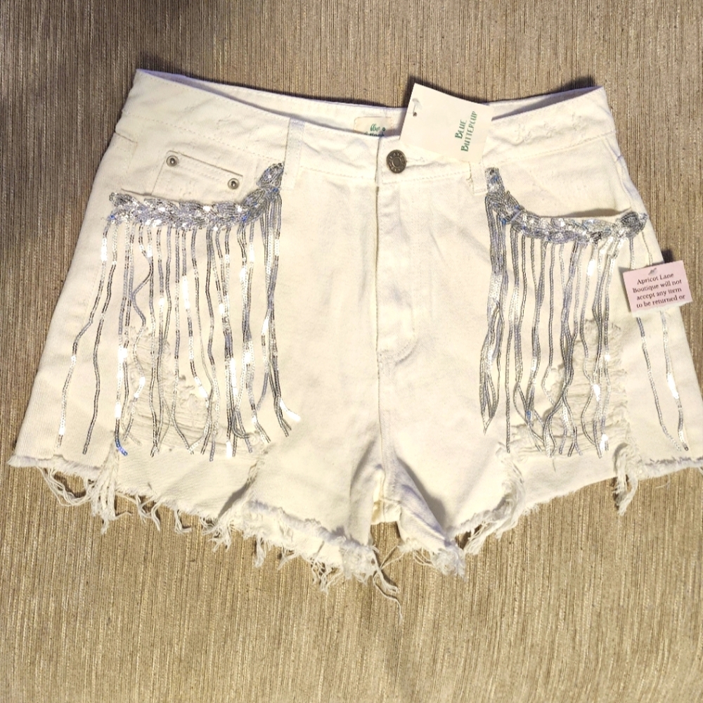 Blue Buttercup White Denim Cowboy Distress Silver Sequin Fringe Shorts S LG NWT